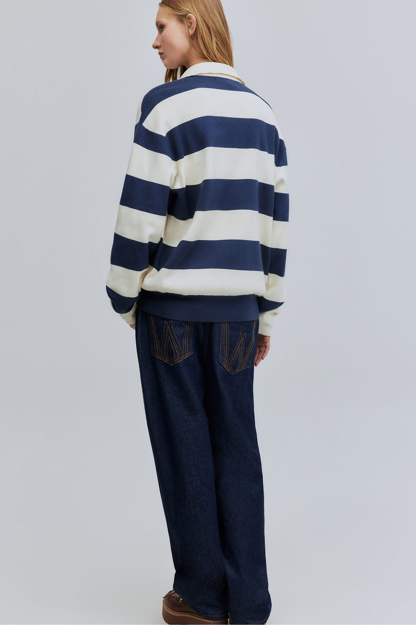 Polo Rugby Tricô Manga Longa Listrado - Off White e Azul