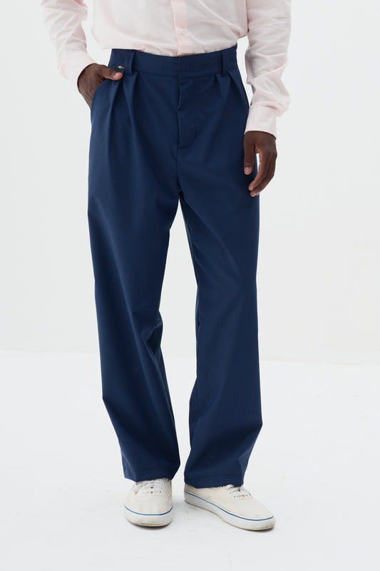 Calça Alfaiataria Dupla Prega Ampla - Risca de Giz Azul