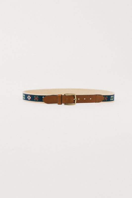 Cinto Algodão com Couro Floral - Azul Marinho