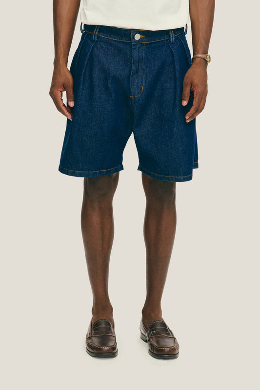 Bermuda Jeans Alfaiataria Dupla Prega - Indigo