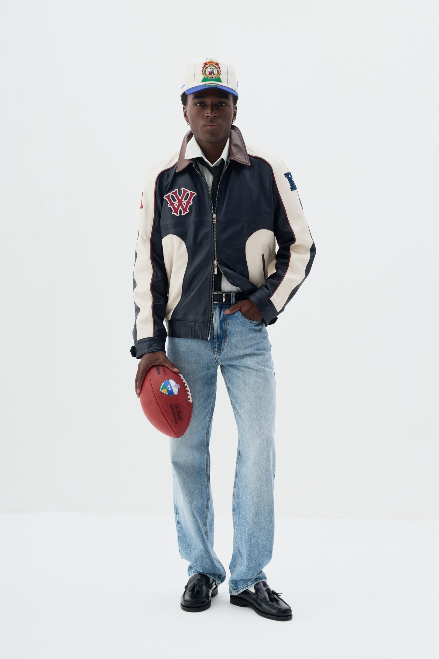 Jaqueta de Couro Kickoff x NFL - Azul e Off White