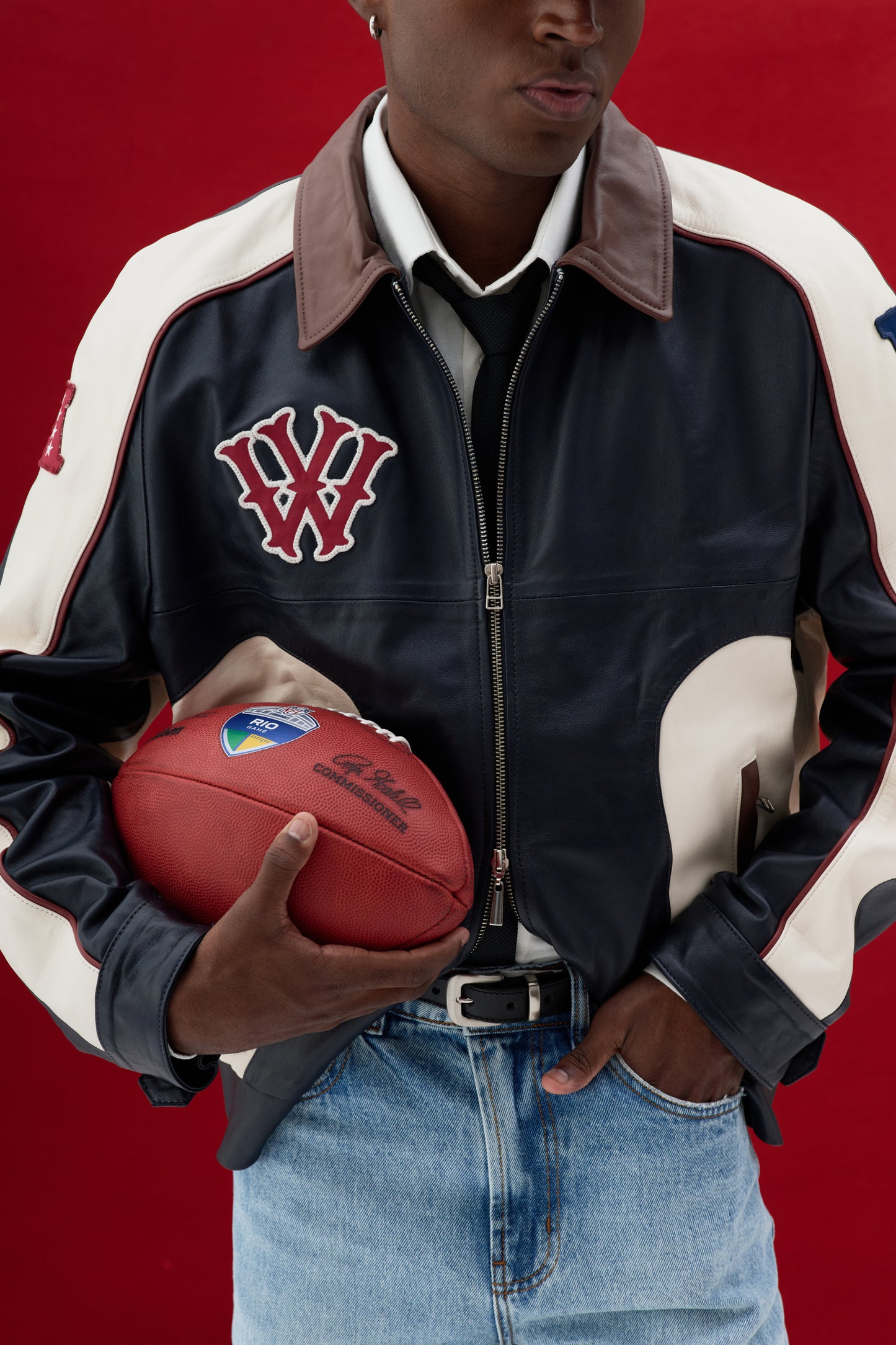 Jaqueta de Couro Kickoff x NFL - Azul e Off White