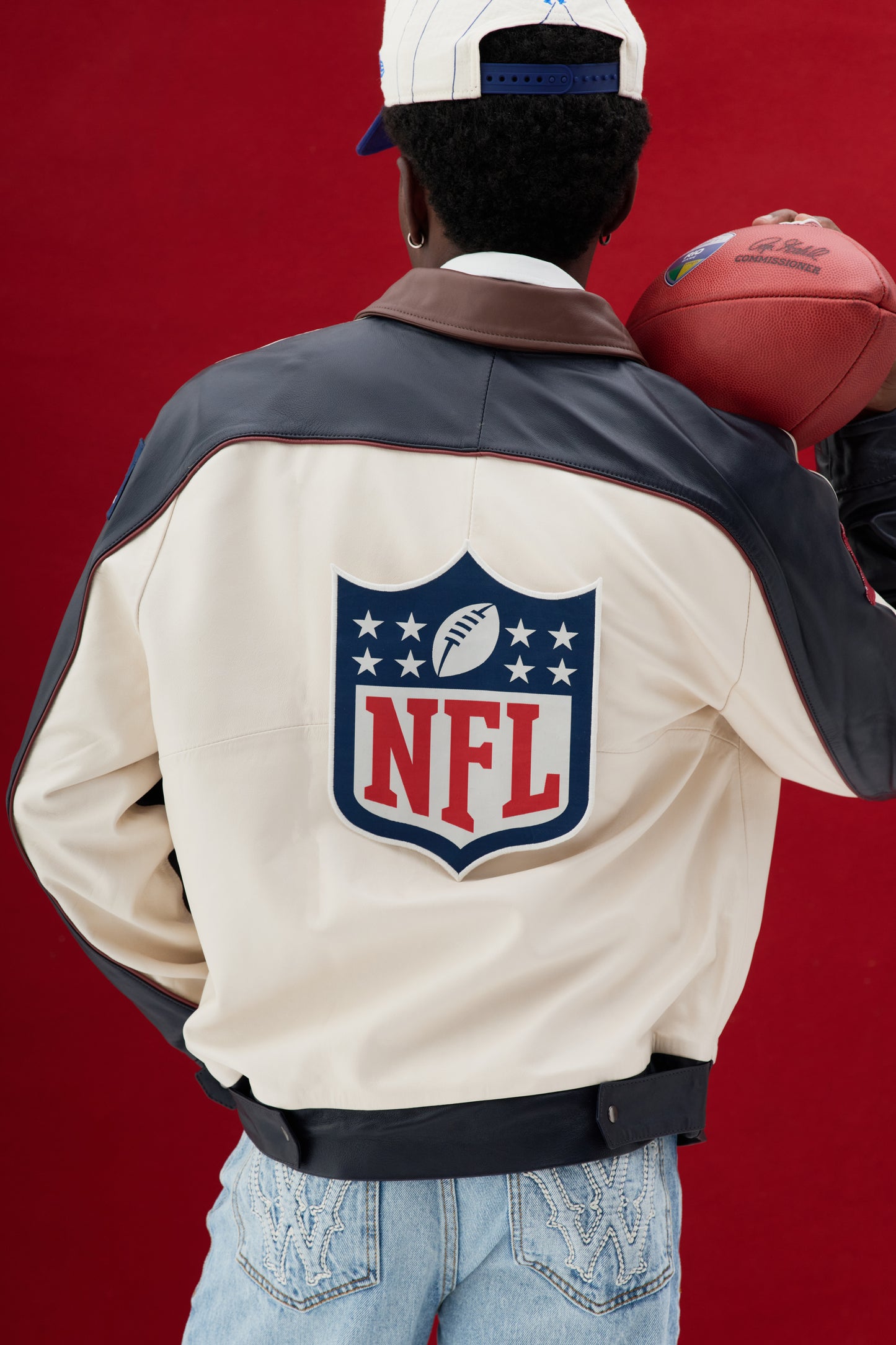 Jaqueta de Couro Kickoff x NFL - Azul e Off White