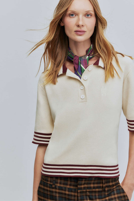 Polo Feminina Tricô Crop - Off White e Vinho
