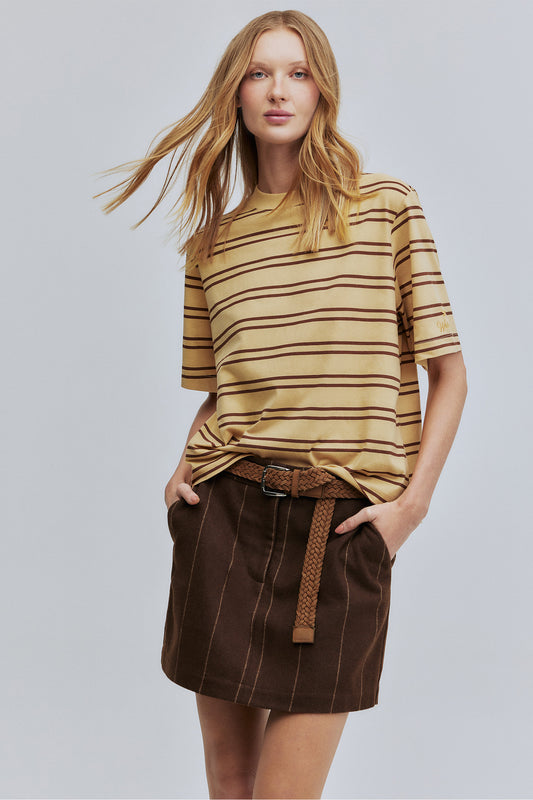 Saia Curta Alfaiataria de Lã Hering + Welcome - Marrom Risca de Giz