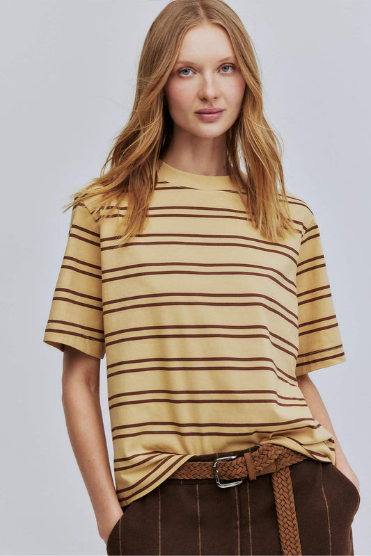 T-shirt Boxy Fit Listrado Hering + Welcome - Amarelo e Marrom