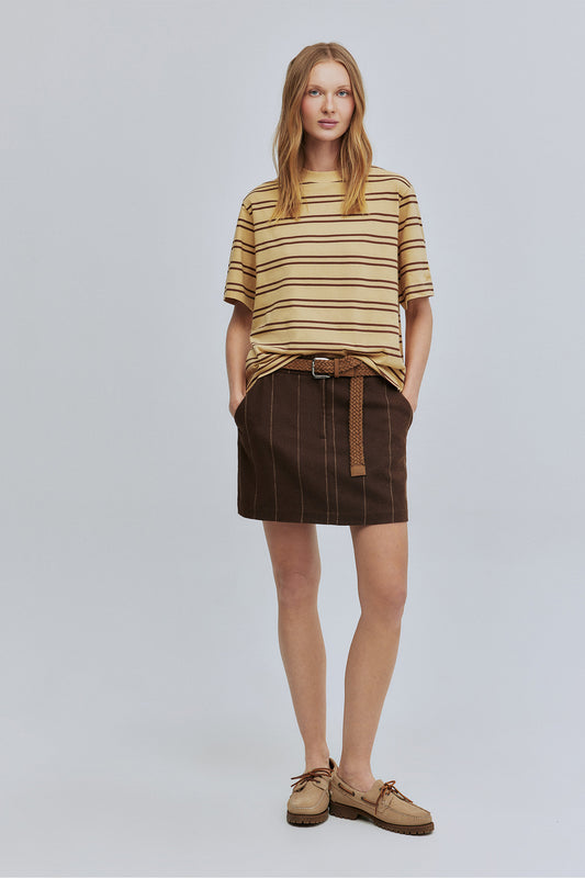 T-shirt Boxy Fit Listrado Hering + Welcome - Amarelo e Marrom