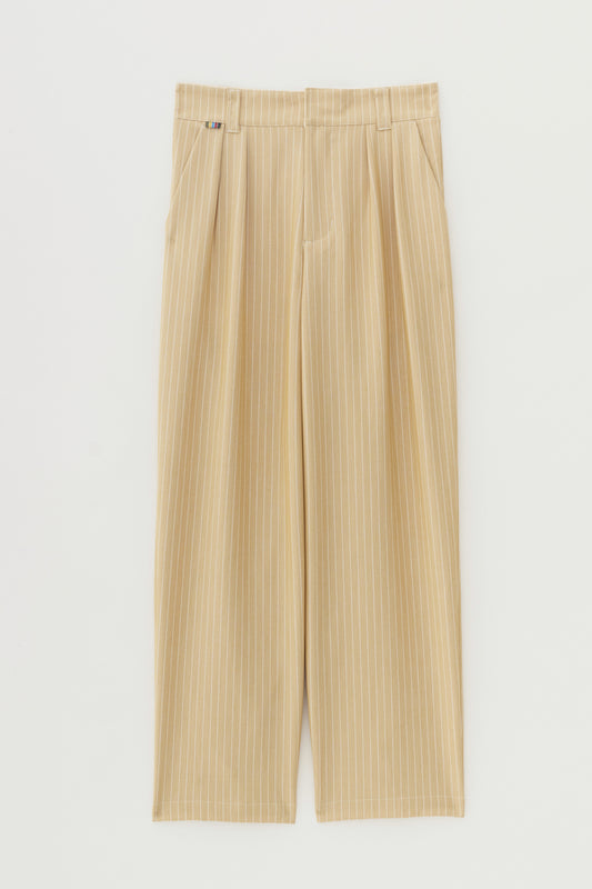 Calça Alfaiataria Dupla Prega Ampla - Risca de Giz Bege