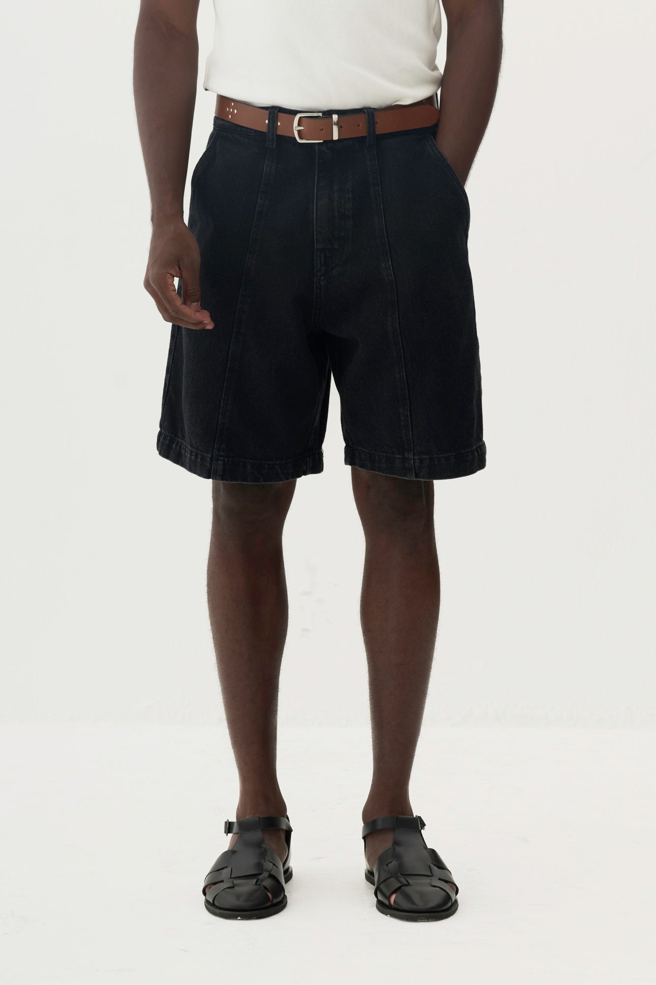 Bermuda Jeans Recorte Vertical - Preto