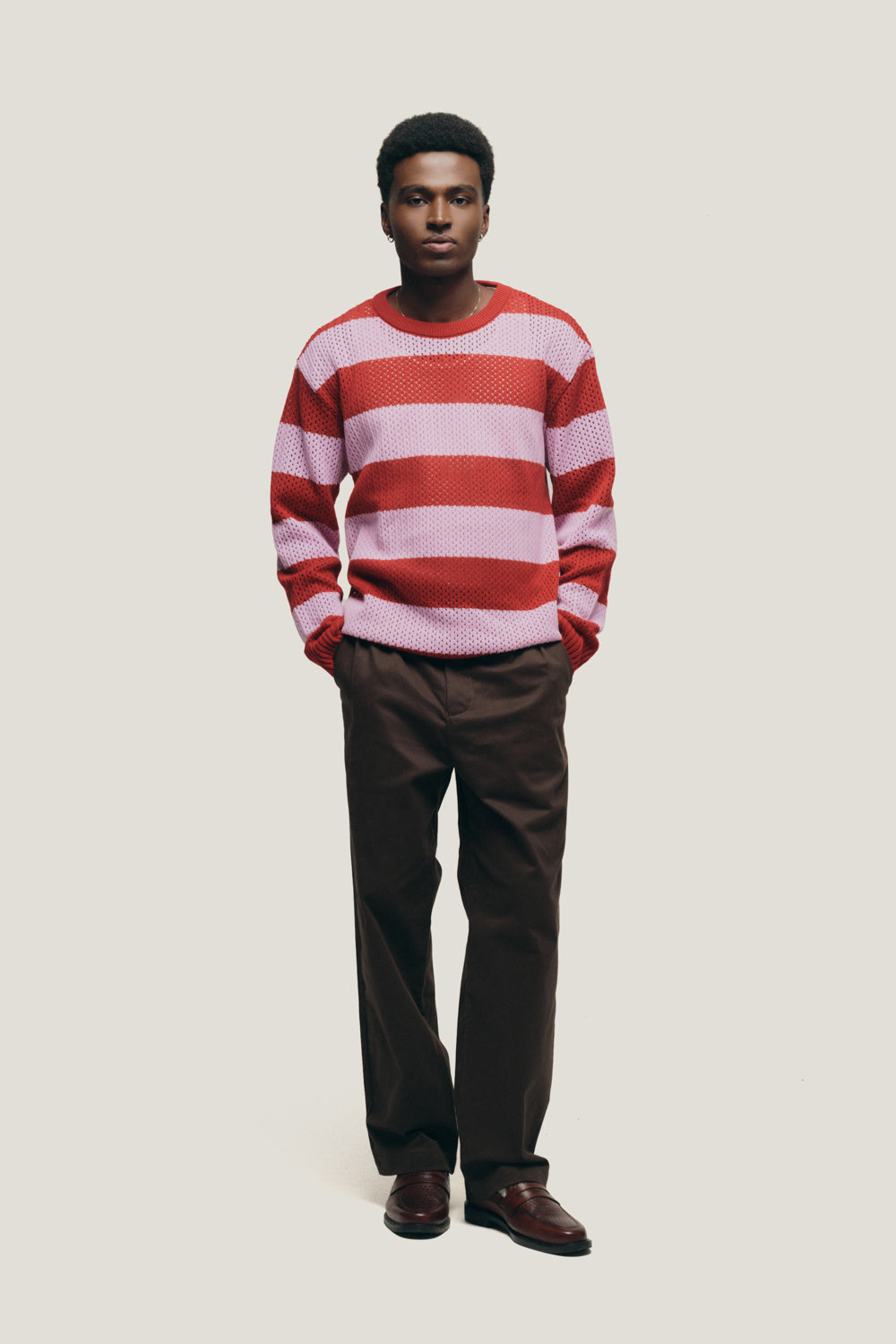 Suéter Tricô Listrado - Vermelho e Rosa