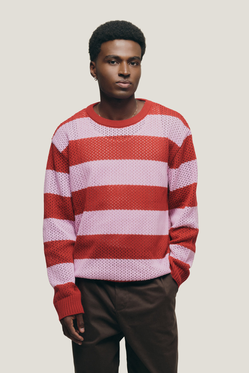 Suéter Tricô Listrado - Vermelho e Rosa