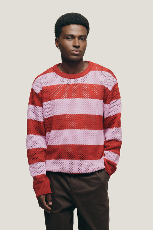 Suéter Tricô Listrado - Vermelho e Rosa