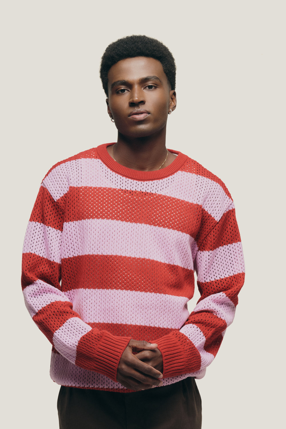 Suéter Tricô Listrado - Vermelho e Rosa