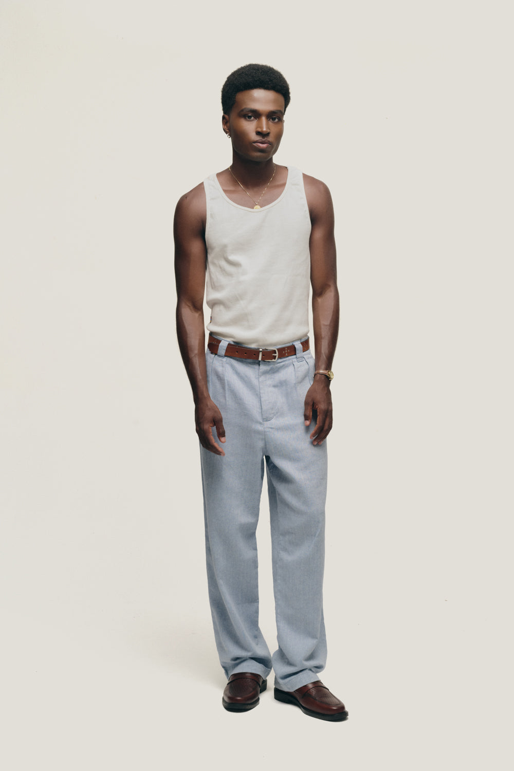 Calça Alfaiataria Dupla Prega Ampla - Azul Herrinbone