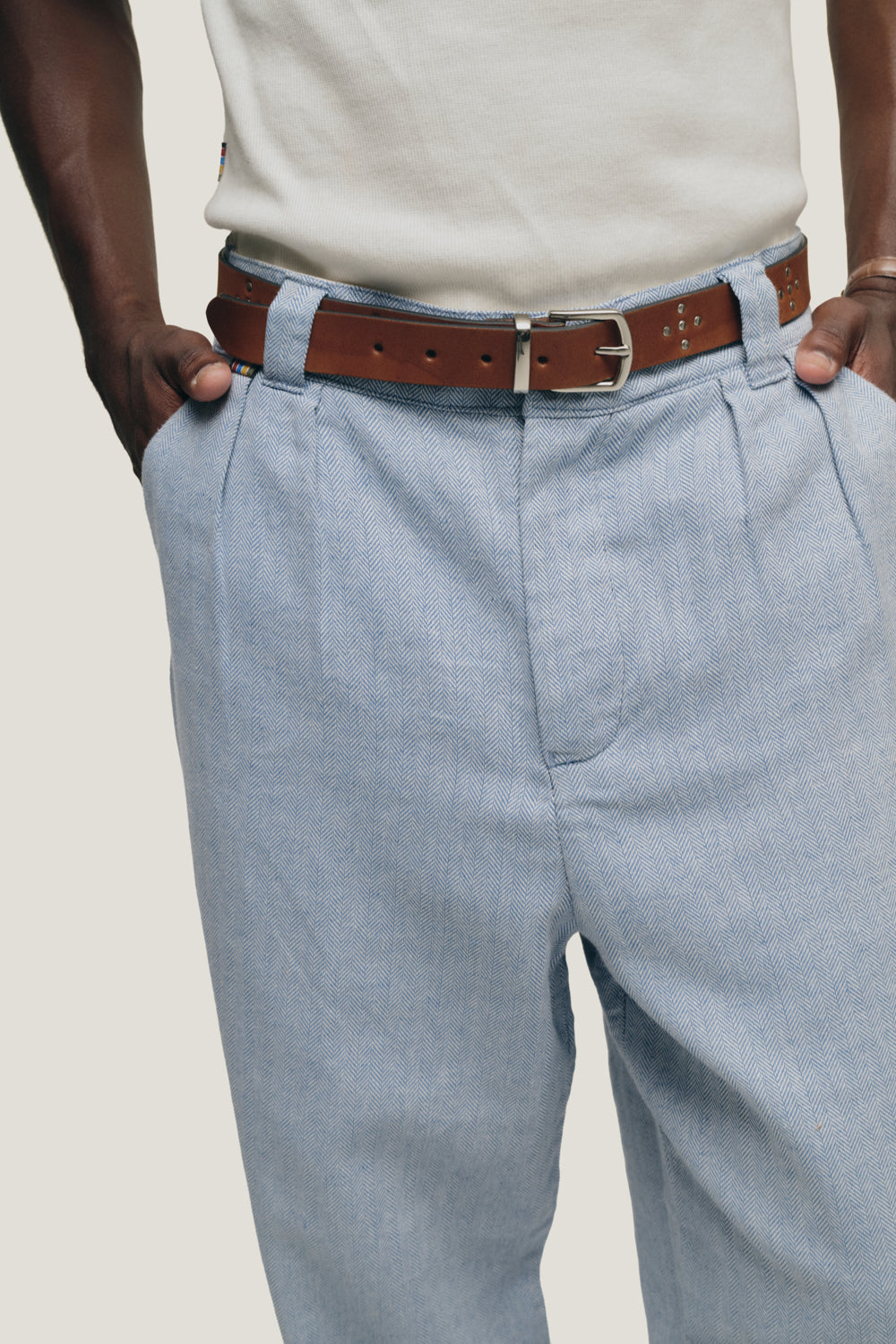 Calça Alfaiataria Dupla Prega Ampla - Azul Herrinbone