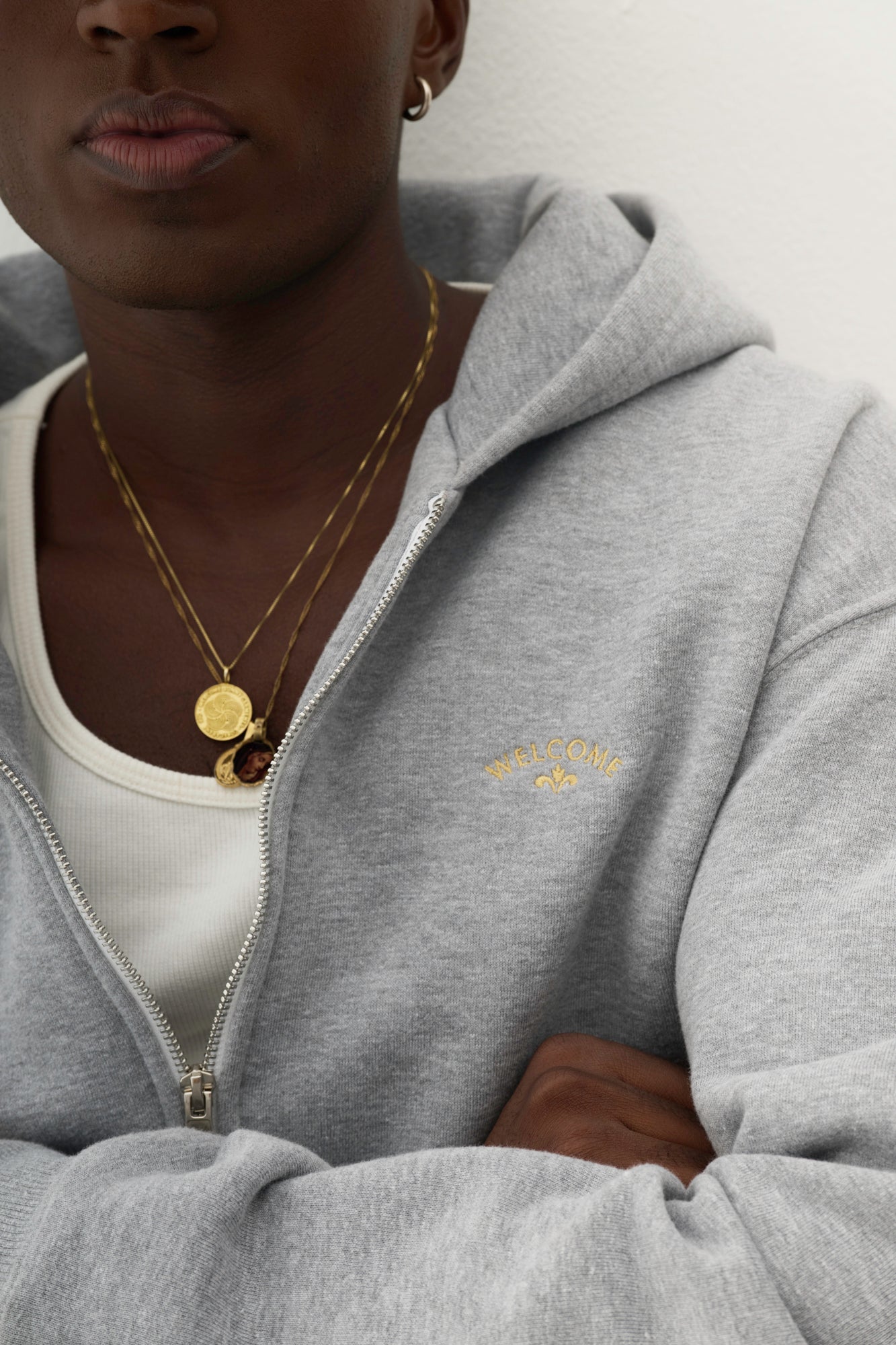 Moletom Hoodie Boxy Fit Duplo Zíper Tulipa - Cinza Mescla