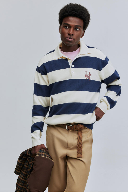 Polo Rugby Tricô Manga Longa Listrado - Off White e Azul