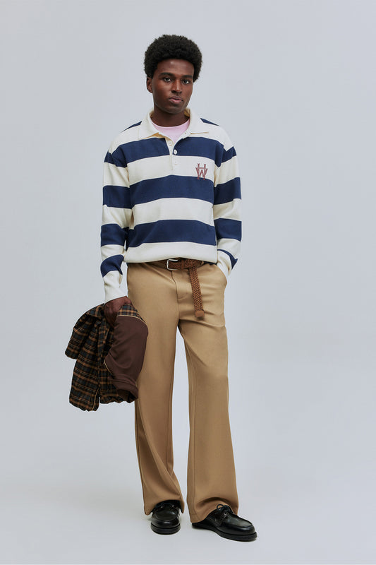 Polo Rugby Tricô Manga Longa Listrado - Off White e Azul