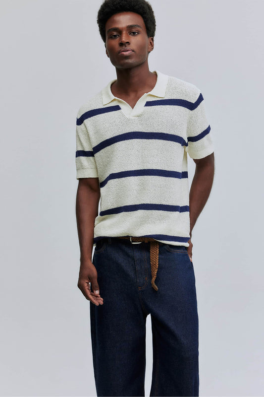 Polo Tricô Texturizado Listrado Hering + Welcome - Off White e Azul