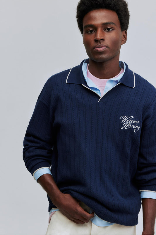 Polo Tricô Script Manga Longa  - Azul Marinho