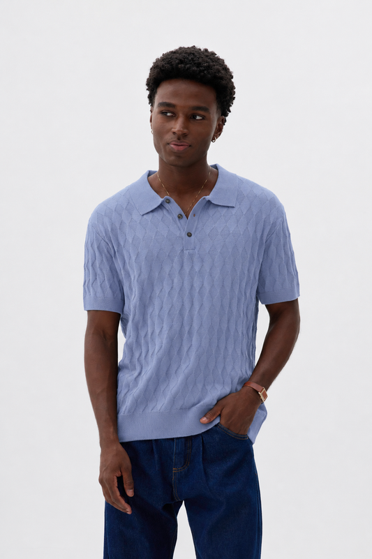 Polo Tricô Quadriculada Às - Azul