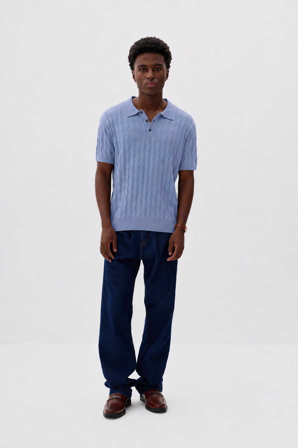 Polo Tricô Quadriculada Às - Azul