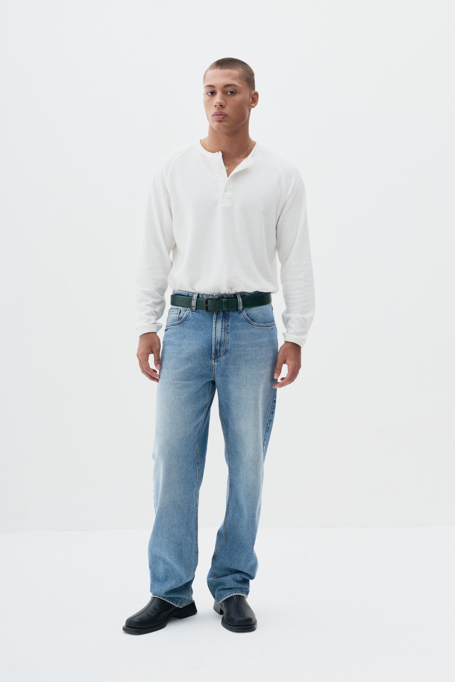 T-shirt Regular Fit Henley Manga Longa - Off White