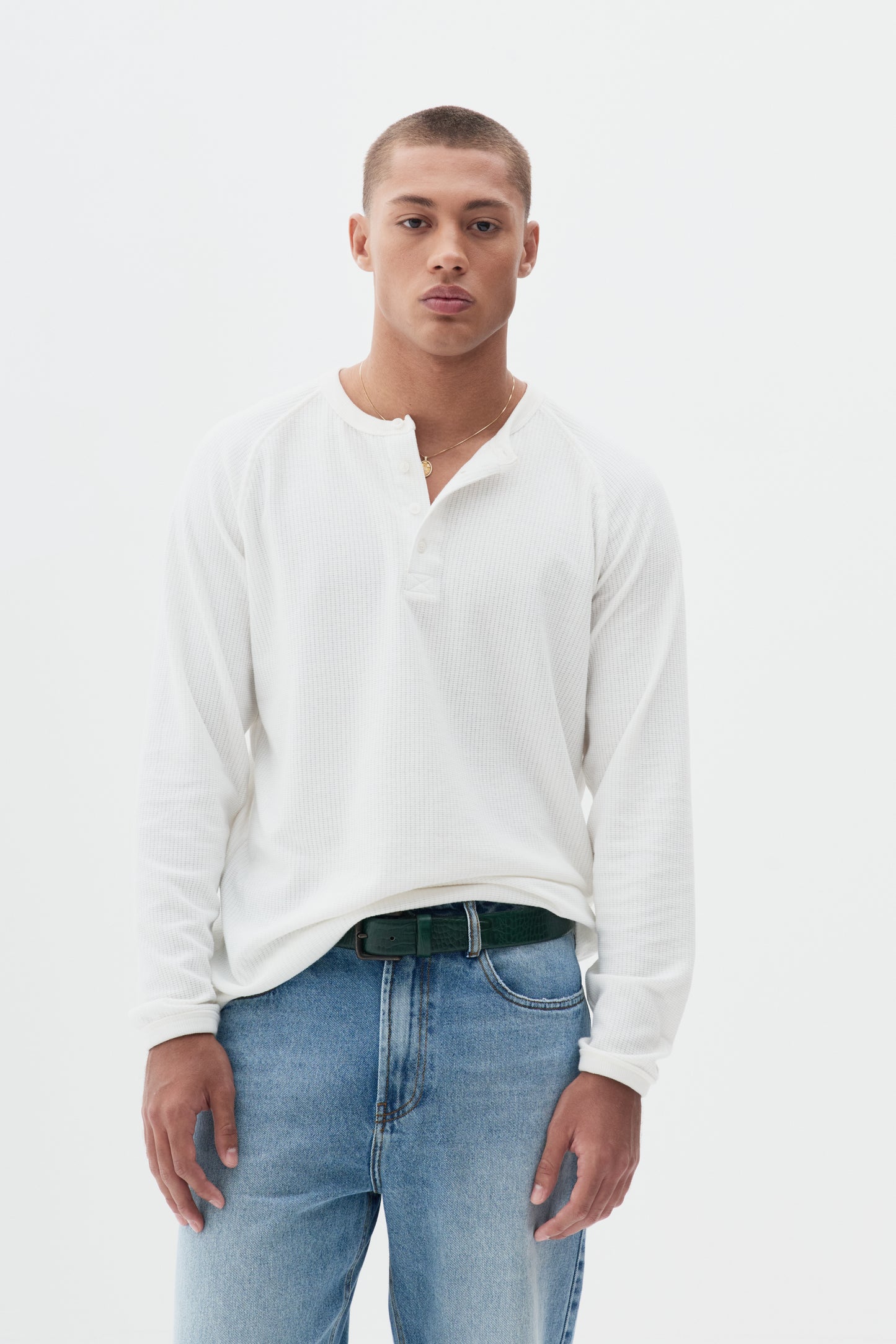 T-shirt Regular Fit Henley Manga Longa - Off White