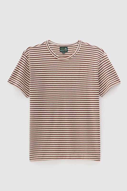 T-shirt Trico Listrada - Off White e Marrom