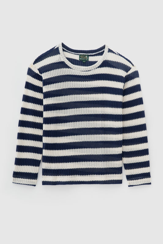 T-shirt Tricô Navy Listrada Manga Longa - Off White e Azul