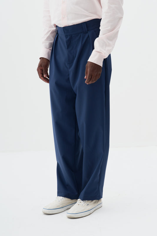 Calça Alfaiataria Dupla Prega Ampla - Risca de Giz Azul