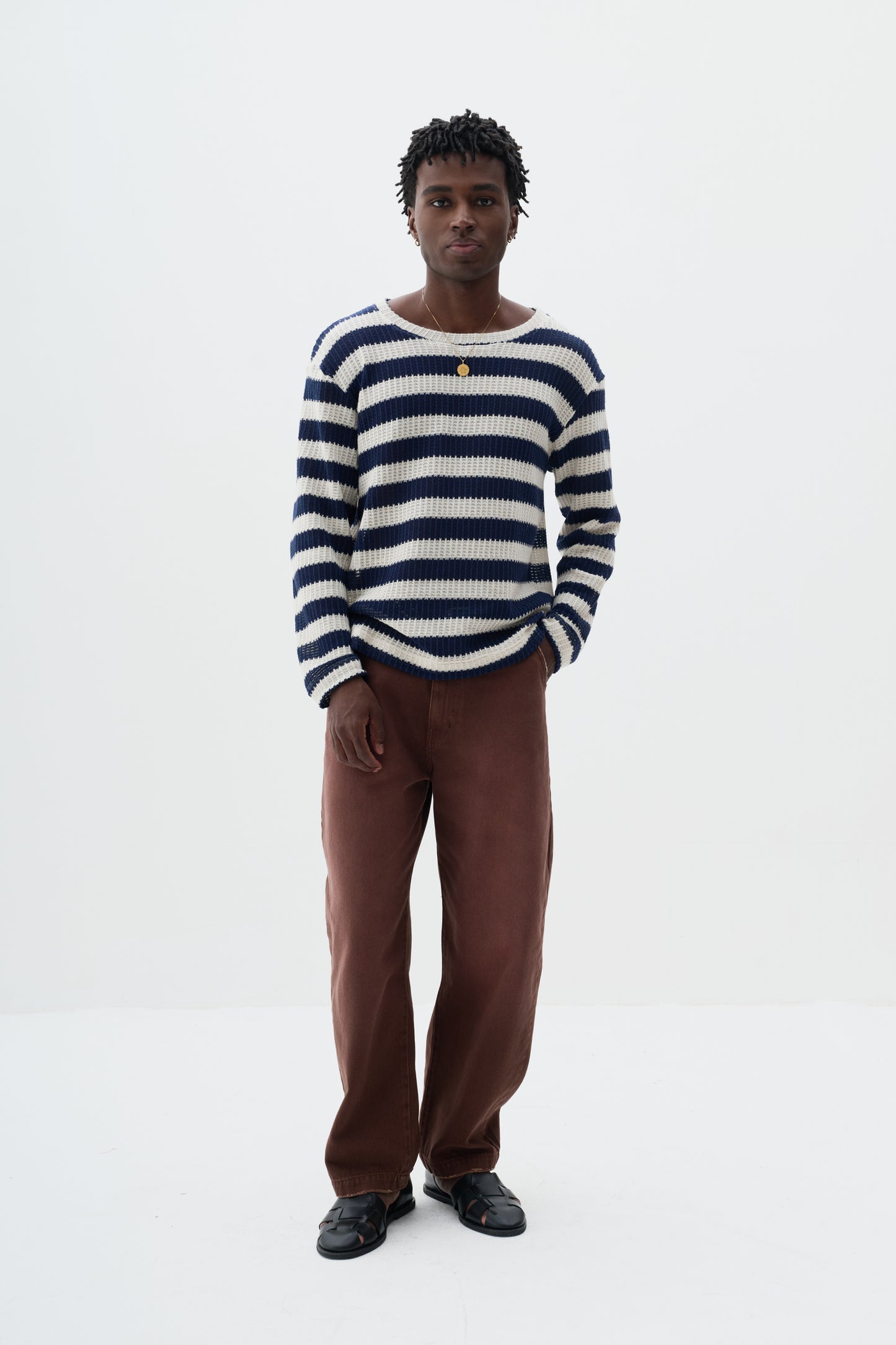 T-shirt Tricô Navy Listrada Manga Longa - Off White e Azul