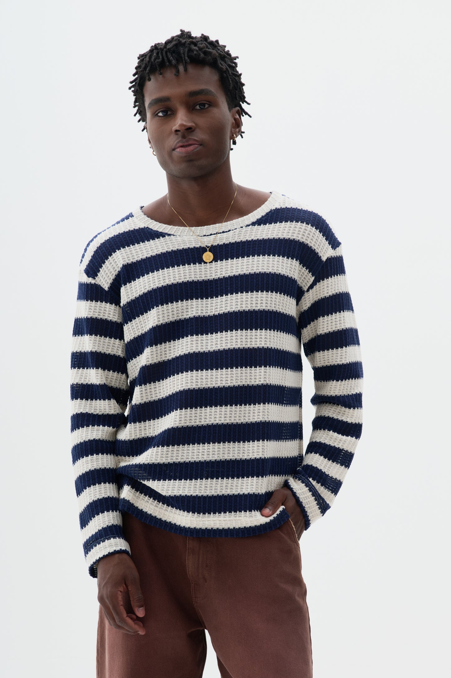 T-shirt Tricô Navy Listrada Manga Longa - Off White e Azul