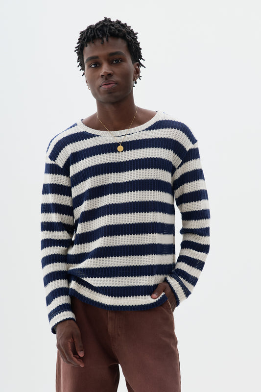 T-shirt Tricô Navy Listrada Manga Longa - Off White e Azul