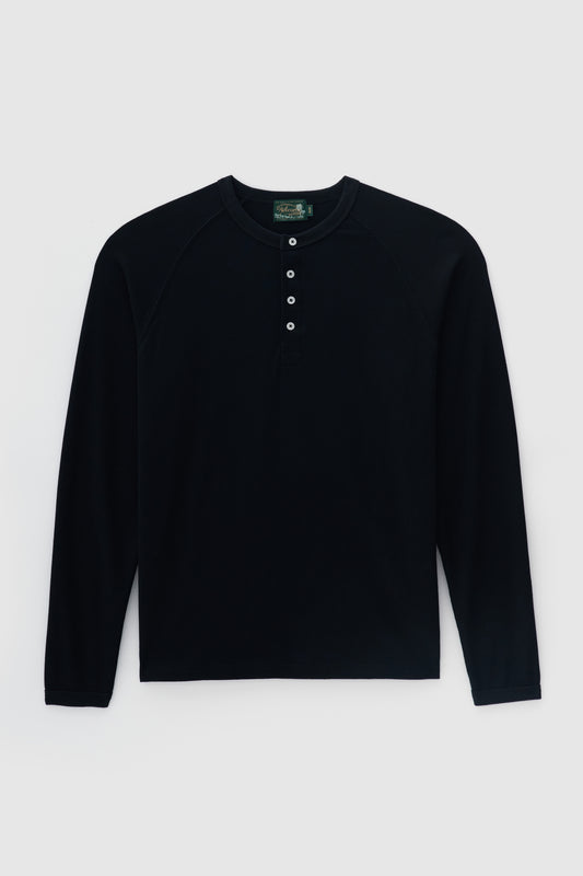 T-shirt Regular Fit Henley Manga Longa - Preto